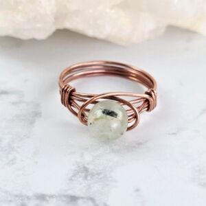 Prehnite Ring Copper Wire Wrapped Green Stone Crystal Bead Artisan Handmade